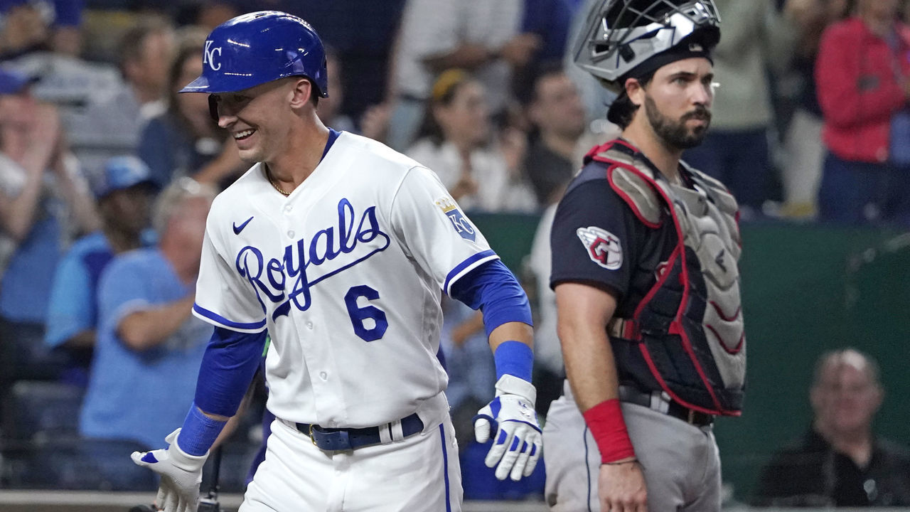 KANSAS CITY, MISSOURI - SEPTEMBER 05: Drew Waters #6 of the Kansas City Royals crosses home past catcher Austin Hedges #17 of the Cleveland Guardians after hitting a two-run home run in the fifth inning at Kauffman Stadium on September 05, 2022 in Kansas City, Missouri.