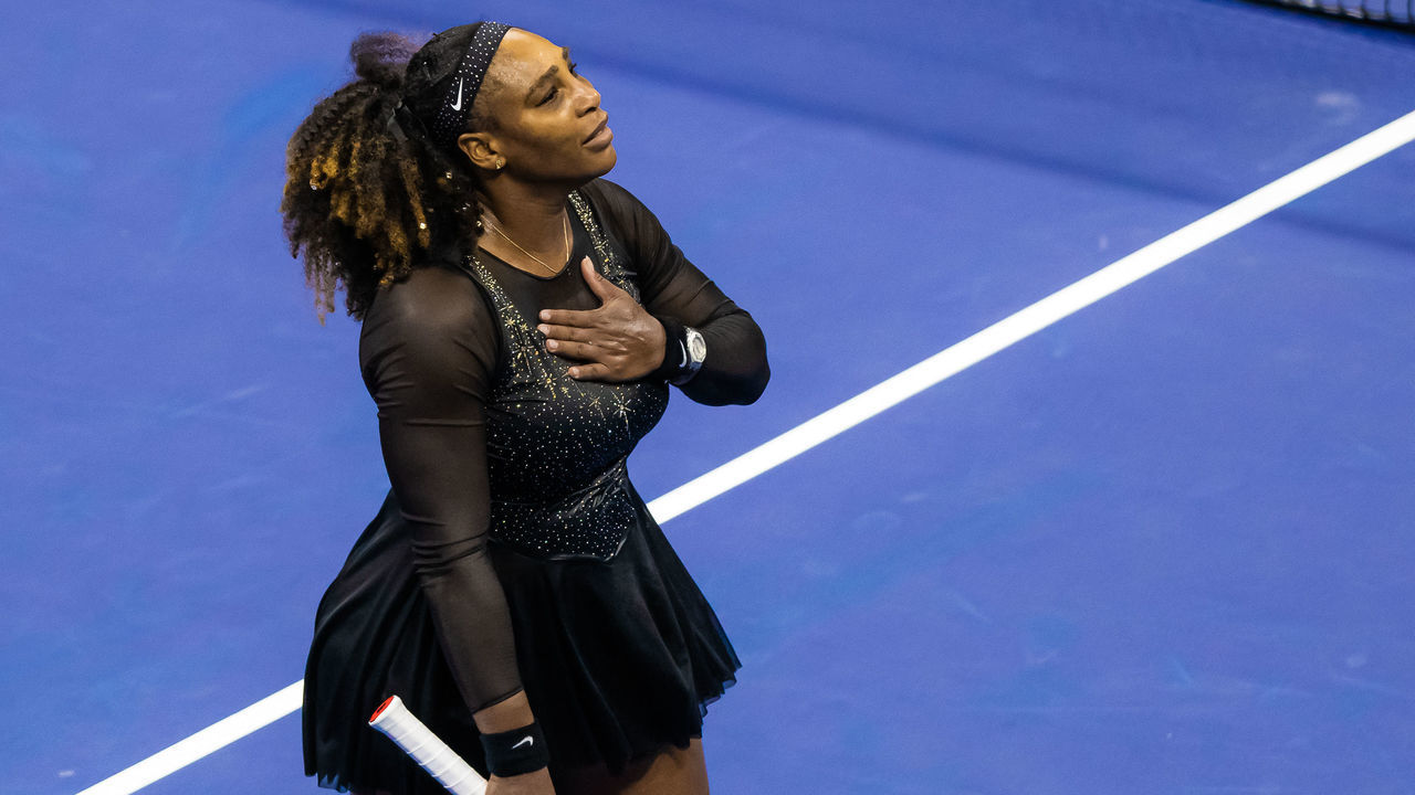 NEW YORK, NEW YORK - SEPTEMBER 02: Serena Williams of the United States waves to the crowd after losing her final career match against Ajla Tomljanovic of Australia in the third round on Day 5 of the US Open Tennis Championships at USTA Billie Jean King National Tennis Center on September 02, 2022 in New York City