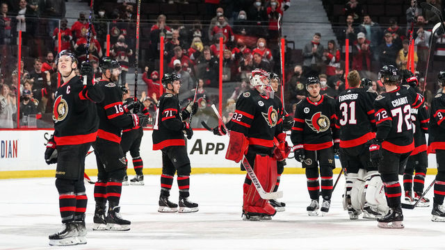 OTTAWA, ON - APRIL 28: Brady Tkachuk #7 and members of the Ottawa Senators raise their sticks to salute the fans after the last home game of the season against the Florida Panthers the Florida Panthers at Canadian Tire Centre on April 28, 2022 in Ottawa, Ontario, Canada.
