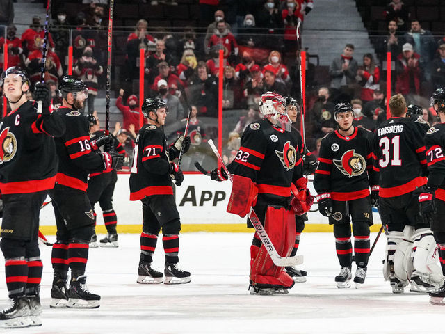OTTAWA, ON - APRIL 28: Brady Tkachuk #7 and members of the Ottawa Senators raise their sticks to salute the fans after the last home game of the season against the Florida Panthers the Florida Panthers at Canadian Tire Centre on April 28, 2022 in Ottawa, Ontario, Canada.