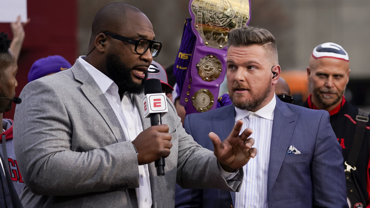 ATLANTA, GA - DECEMBER 07: Marcus Spears and Pat McAfee at ESPN College Game Day during a game between Georgia Bulldogs and LSU Tigers at Mercedes Benz Stadium on December 7, 2019 in Atlanta, Georgia.