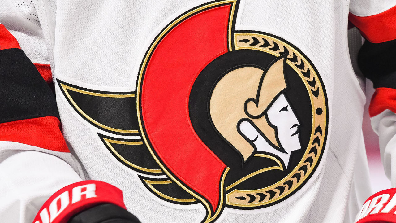 MONTREAL, QC - MARCH 19: View of a Ottawa Senators logo on a jersey worn by a member of the team during the Ottawa Senators versus the Montreal Canadiens game on March 19, 2022 at Bell Centre in Montreal, QC