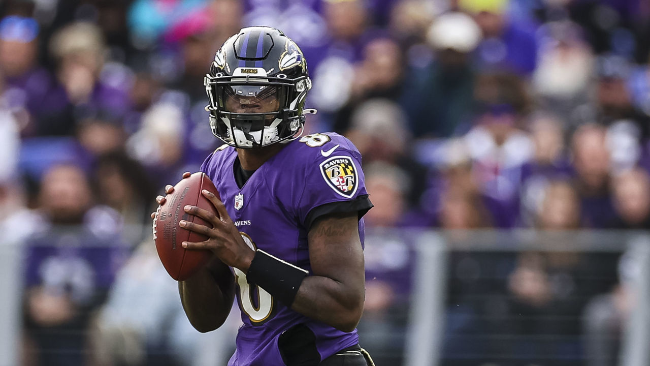 BALTIMORE, MD - NOVEMBER 07: Lamar Jackson #8 of the Baltimore Ravens looks to pass against the Minnesota Vikings during the second half at M&T Bank Stadium on November 7, 2021 in Baltimore, Maryland.