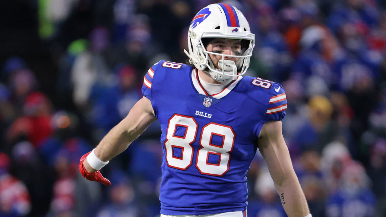 ORCHARD PARK, NY - JANUARY 09: Dawson Knox #88 of the Buffalo Bills on the field during a game against the New York Jets at Highmark Stadium on January 9, 2022 in Orchard Park, New York.