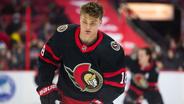 OTTAWA, ON - MARCH 14: Ottawa Senators Left Wing Tim Stutzle (18) during warm-up before National Hockey League action between the Arizona Coyotes and Ottawa Senators on March 14, 2022, at Canadian Tire Centre in Ottawa, ON, Canada.