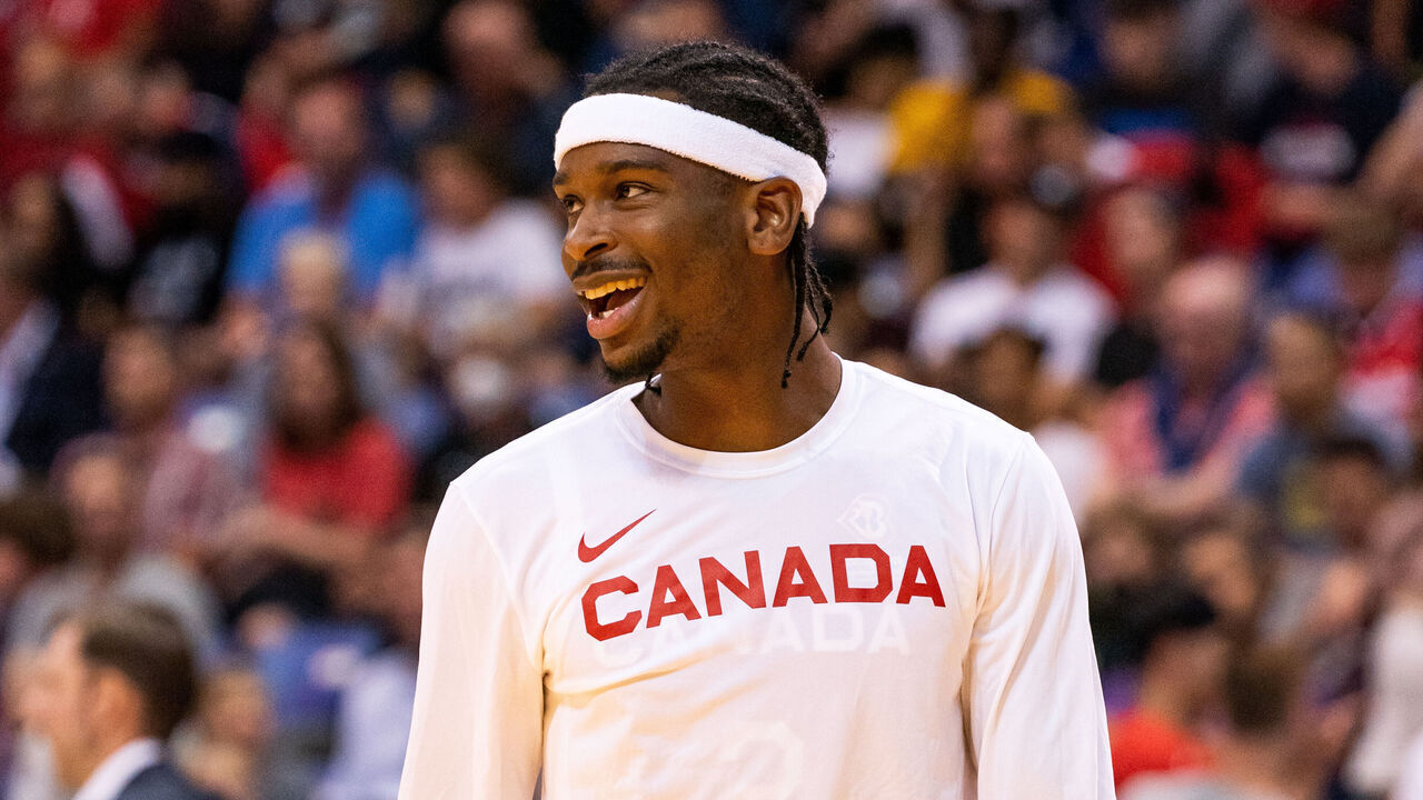 VICTORIA, BC - AUGUST 25: Shai Gilgeous-Alexander #2 of Canada warming up during the Second Round of the FIBA World Cup 2023 Americas Qualifiers at Save-On-Foods Memorial Centre on August 25, 2022 in Victoria, Canada.