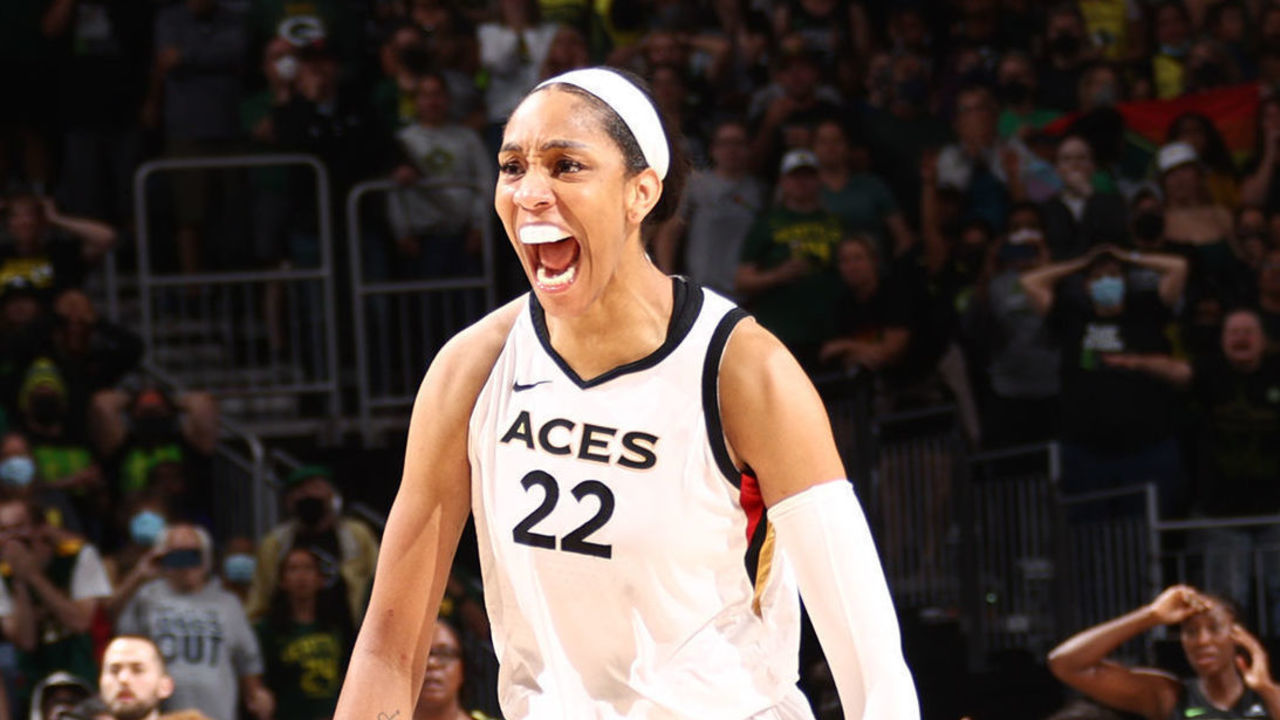 SEATTLE, WA - SEPTEMBER 4: A'ja Wilson #22 of the Las Vegas Aces celebrates a ply during the game against the Seattle Storm during Round 2 Game 3 of the 2022 WNBA Playoffs on September 4, 2022 at the Climate Pledge Arena in Seattle, Washington. Mandatory Copyright Notice: Copyright 2022 NBAE