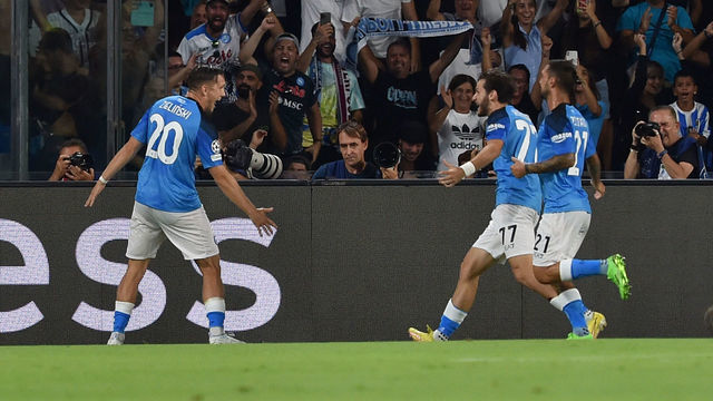NAPLES, ITALY - SEPTEMBER 07: Piotr Zielinski of SSC Napoli celebrates with his teammates after scoring opening goal during the UEFA Champions League group A match between SSC Napoli and Liverpool FC at Stadio Diego Armando Maradona on September 7, 2022 in Naples, Italy.