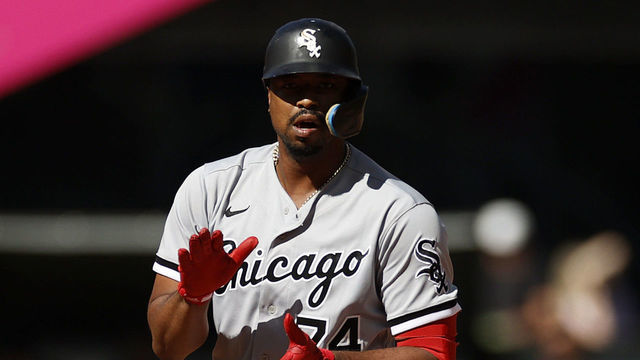 SEATTLE, WASHINGTON - SEPTEMBER 07: Eloy Jimenez #74 of the Chicago White Sox celebrates his RBI double against the Seattle Mariners during the sixth inning at T-Mobile Park on September 07, 2022 in Seattle, Washington.