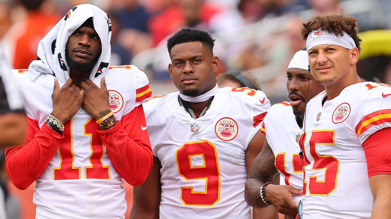 CHICAGO, ILLINOIS - AUGUST 13: Marquez Valdes-Scantling #11, JuJu Smith-Schuster #9, and Patrick Mahomes #15 look on against the Chicago Bears during the first half of the preseason game at Soldier Field on August 13, 2022 in Chicago, Illinois.