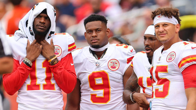CHICAGO, ILLINOIS - AUGUST 13: Marquez Valdes-Scantling #11, JuJu Smith-Schuster #9, and Patrick Mahomes #15 look on against the Chicago Bears during the first half of the preseason game at Soldier Field on August 13, 2022 in Chicago, Illinois.