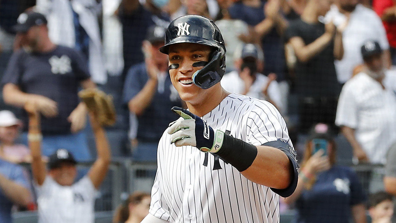 NEW YORK, NEW YORK - SEPTEMBER 05: Aaron Judge #99 of the New York Yankees celebrates his sixth inning two run home run against the Minnesota Twins at Yankee Stadium on September 05, 2022 in New York City. The Yankees defeated the Twins 5-2.