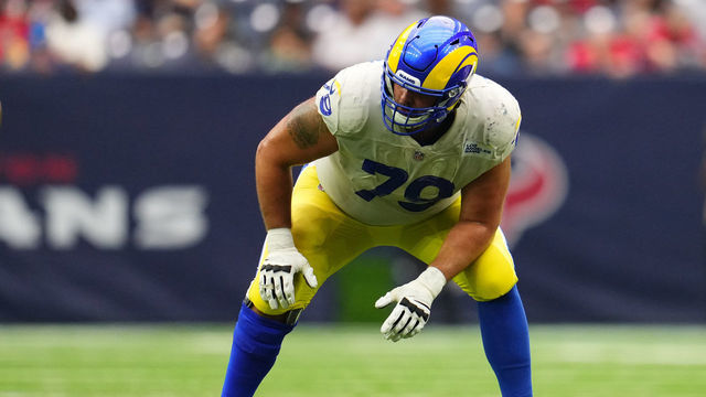 HOUSTON, TEXAS - OCTOBER 31: Rob Havenstein #79 of the Los Angeles Rams gets set during to an NFL game against the Houston Texans at NRG Stadium on October 31, 2021 in Houston, Texas.