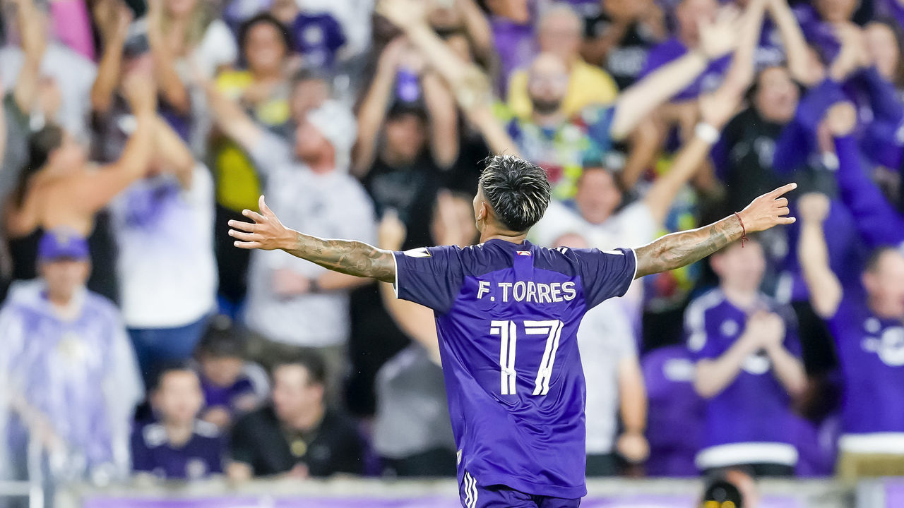 ORLANDO, FL - JULY 27: Orlando City forward Facundo Torres (17) celebrates scoring a goal during the MLS Soccer Lamar Hunt U.S. Open Cup Semifinal - New York Red Bulls at Orlando City SC on July 27th, 2022 at Explorer Stadium in Orlando, FL.