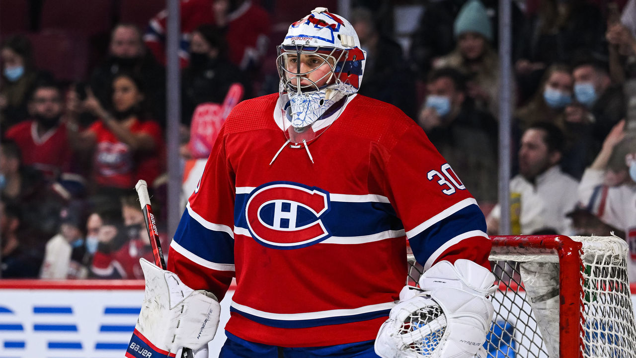 MONTREAL, QC - MARCH 12: Look on Montreal Canadiens goalie Cayden Primeau (30) at warm-up the Seattle Kraken versus the Montreal Canadiens game on March 12, 2022 at Centre Bell in Montreal, QC