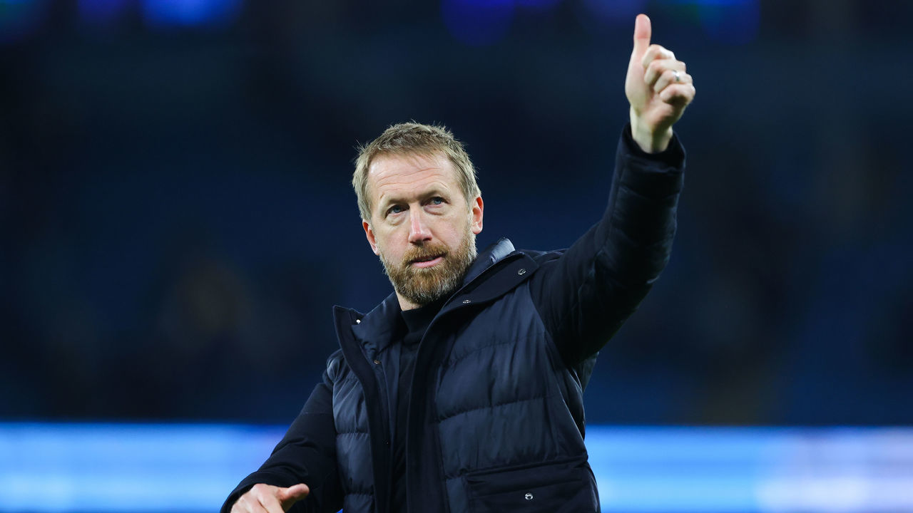 MANCHESTER, ENGLAND - APRIL 20: Graham Potter, manager of Brighton and Hove Albion, reacts during the Premier League match between Manchester City and Brighton & Hove Albion at Etihad Stadium on April 20, 2022 in Manchester, England.