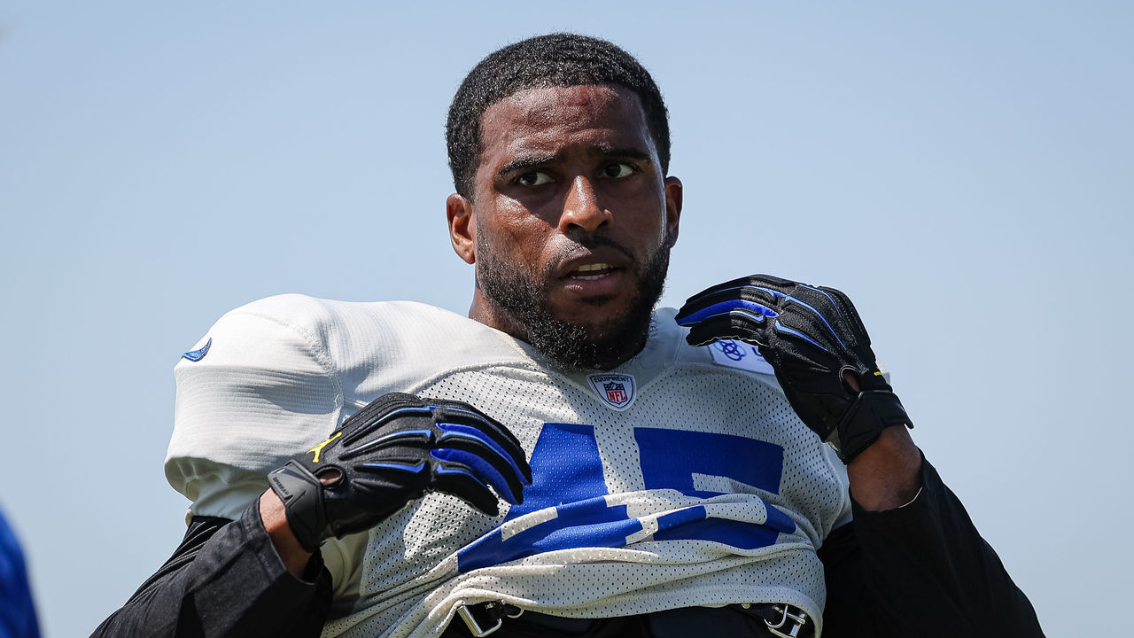 IRVINE, CA - JULY 29: Bobby Wagner #45 of the Los Angeles Rams looks on during training camp at University of California Irvine on July 29, 2022 in Irvine, California.
