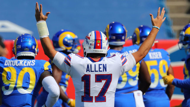 ORCHARD PARK, NY - SEPTEMBER 27: Josh Allen #17 of the Buffalo Bills celebrates his teams touchdown against the Los Angeles Rams at Bills Stadium on September 27, 2020 in Orchard Park, New York. Bills beat the Rams 35 to 32.