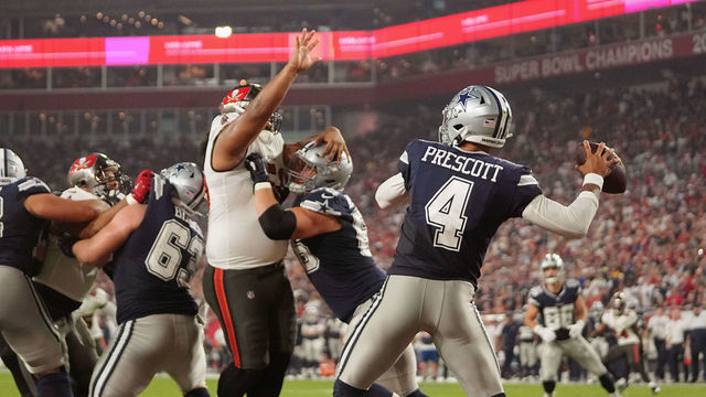 Football: Rear view of Dallas Cowboys QB Dak Prescott (4) in action, passing vs Tampa Bay Buccaneers at Raymond James Stadium. Tampa, FL 9/9/2021 CREDIT: Erick W. Rasco