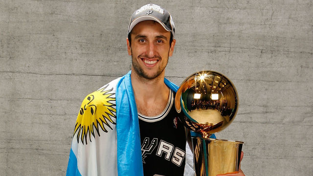 CLEVELAND - JUNE 14: Manu Ginobili #20 of the San Antonio Spurs poses for a portrait with the Larry O'Brien Championship trophy after they won the 2007 NBA Championship with their 83-82 win against the Cleveland Cavaliers in Game Four of the NBA Finals at the Quicken Loans Arena on June 14, 2007 in Cleveland, Ohio. NOTE TO USER: User expressly acknowledges and agrees that, by downloading and/or using this Photograph, user is consenting to the terms and conditions of the Getty Images License Agreement. Mandatory Copyright Notice: Copyright 2007 NBAE