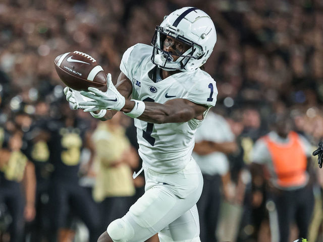 WEST LAFAYETTE, IN - SEPTEMBER 01: KeAndre Lambert-Smith #1 of the Penn State Nittany Lions reaches for the ball during the game against the Purdue Boilermakers at Ross-Ade Stadium on September 1, 2022 in West Lafayette, Indiana.