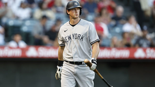 ANAHEIM, CALIFORNIA - AUGUST 29: DJ LeMahieu #26 of the New York Yankees walks to the dugout after striking out during the first inning of a game between the Los Angeles Angels and the New York Yankees at Angel Stadium of Anaheim on August 29, 2022 in Anaheim, California.