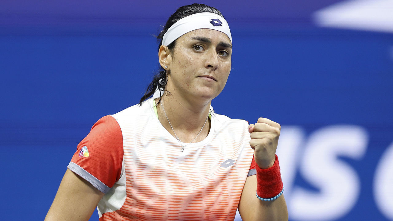 NEW YORK, NEW YORK - SEPTEMBER 08: Ons Jabeur of Tunisia celebrates winning the first set against Caroline Garcia of France during their Women’s Singles Semifinal match on Day Eleven of the 2022 US Open at USTA Billie Jean King National Tennis Center on September 08, 2022 in the Flushing neighborhood of the Queens borough of New York City.
