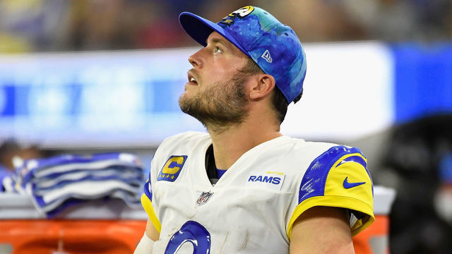 INGLEWOOD, CALIFORNIA - SEPTEMBER 08: Quarterback Matthew Stafford #9 of the Los Angeles Rams watches from the sidelines during the fourth quarter of the NFL game against the Buffalo Bills at SoFi Stadium on September 08, 2022 in Inglewood, California.