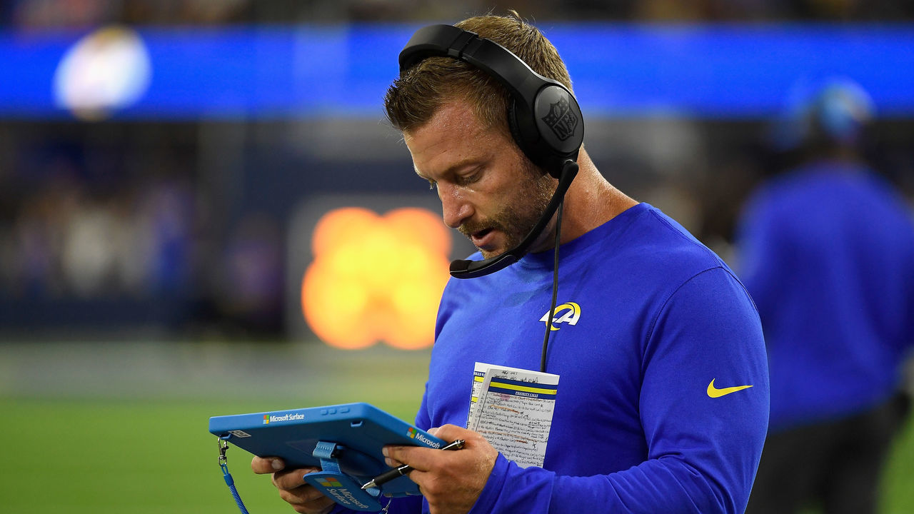 INGLEWOOD, CALIFORNIA - SEPTEMBER 08: Head coach Sean McVay of the Los Angeles Rams looks at a Microsoft Surface tablet during the second quarter of the NFL game against the Buffalo Bills at SoFi Stadium on September 08, 2022 in Inglewood, California.