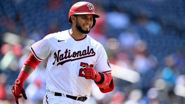 WASHINGTON, DC - JUNE 12: Keibert Ruiz #20 of the Washington Nationals runs to first bas against the Milwaukee Brewers at Nationals Park on June 12, 2022 in Washington, DC.
