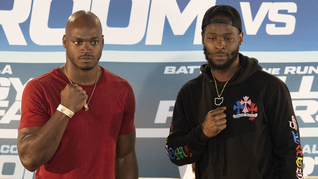 LOS ANGELES, CA - SEPTEMBER 08: Former NFL players Adrian Peterson (L) and LeVeon Bell talk about their upcoming fight at the Banc of California Stadium on September 8, 2022 in Los Angeles, California.