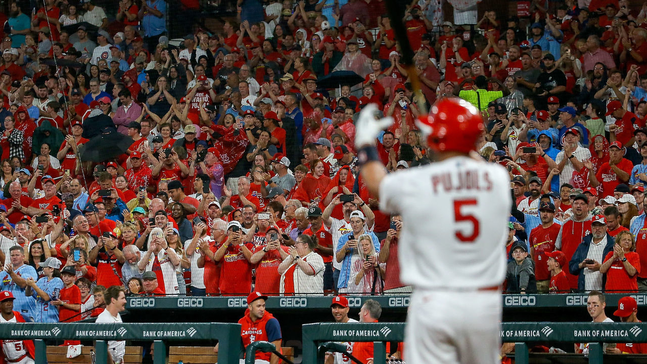 ST. LOUIS, MO - SEPTEMBER 02: Fans cheer as Albert Pujols #5 of the St. Louis Cardinals prepares to bat during the seventh inning against the Chicago Cubs at Busch Stadium on September 2, 2022 in St. Louis, Missouri.
