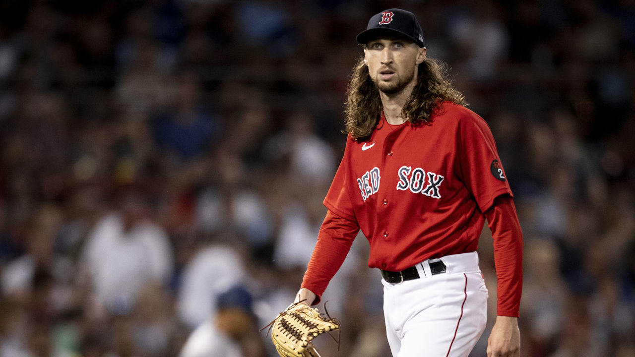 BOSTON, MA - AUGUST 25: Matt Strahm #55 of the Boston Red Sox walks to the dugout after the fifth inning of a game against the Toronto Blue Jays on August 25, 2022 at Fenway Park in Boston, Massachusetts.