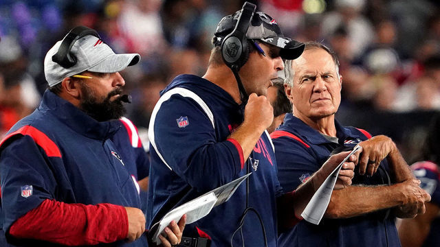Foxborough, MA - August 11: Matt Patricia, senior football advisor/offensive line coach, Joe Judge, offensive assistant/quarterbacks coach and Bill Belichick, head coach of the New England Patriots, take in the teams first preseason game against the New York Giants.