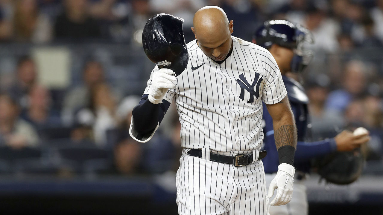 NEW YORK, NEW YORK - SEPTEMBER 09: Aaron Hicks #31 of the New York Yankees strikes out to end the third inning against the Tampa Bay Rays at Yankee Stadium on September 09, 2022 in the Bronx borough of New York City.