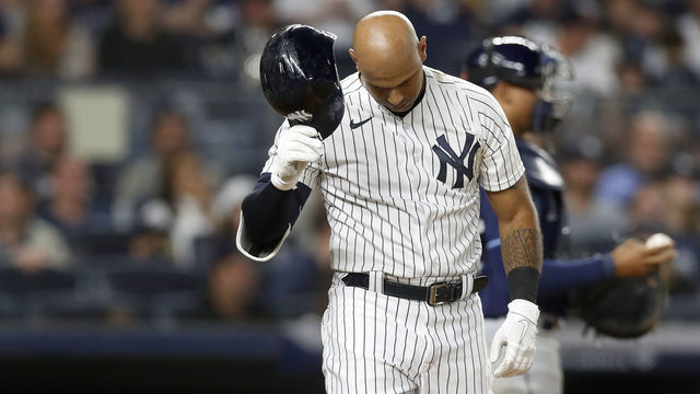 NEW YORK, NEW YORK - SEPTEMBER 09: Aaron Hicks #31 of the New York Yankees strikes out to end the third inning against the Tampa Bay Rays at Yankee Stadium on September 09, 2022 in the Bronx borough of New York City.