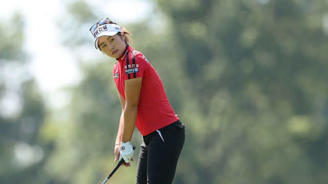 CINCINNATI, OH - SEPTEMBER 09: Jeongeun Lee6 of South Korea lines up her shot during the second round of the Kroger Queen City Championship on September 9, 2022, at Kenwood Country Club in Cincinnati, OH.