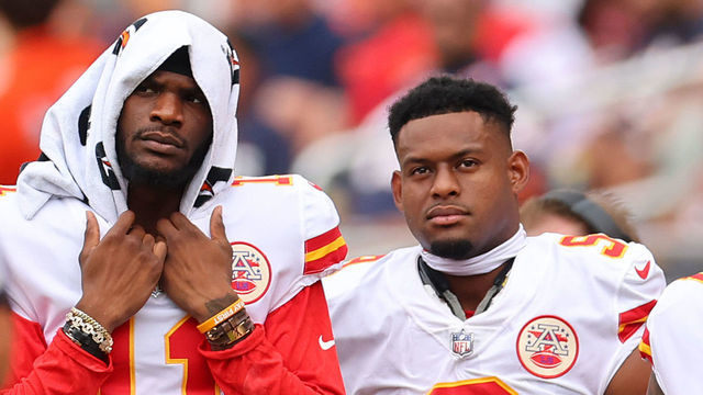CHICAGO, ILLINOIS - AUGUST 13: Marquez Valdes-Scantling #11, JuJu Smith-Schuster #9, and Patrick Mahomes #15 look on against the Chicago Bears during the first half of the preseason game at Soldier Field on August 13, 2022 in Chicago, Illinois.
