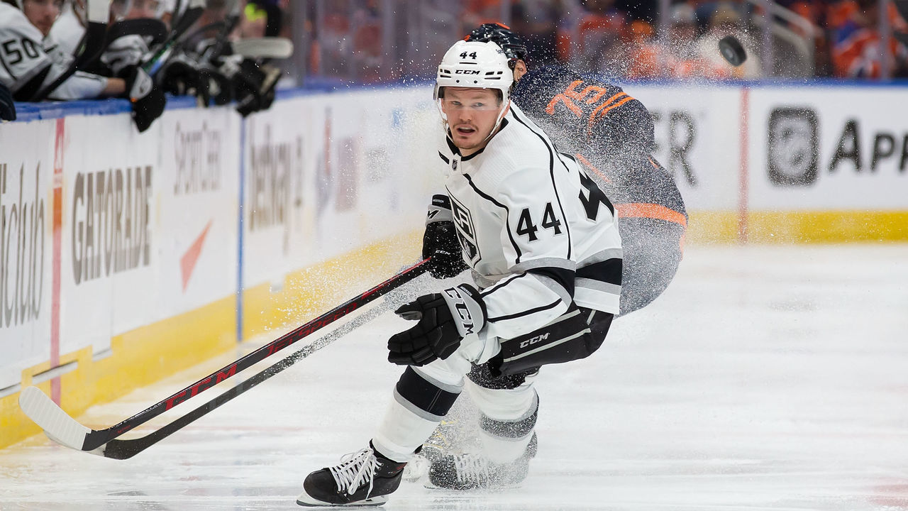 EDMONTON, AB - MAY 14: Mikey Anderson #44 of the Los Angeles Kings skates against the Edmonton Oilers during the second period in Game Seven of the First Round of the 2022 Stanley Cup Playoffs at Rogers Place on May 14, 2022 in Edmonton, Canada.