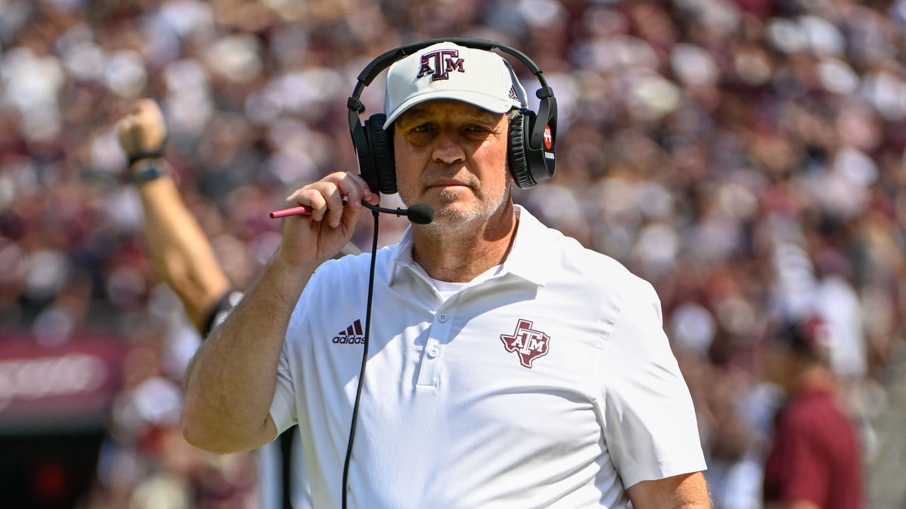 COLLEGE STATION, TX - SEPTEMBER 10: Texas A&M Aggies head coach Jimbo Fisher walks the sideline during first half action during the football game between the Appalachian State Mountaineers and Texas A&M Aggies at Kyle Field on September 10, 2022 in College Station, Texas.