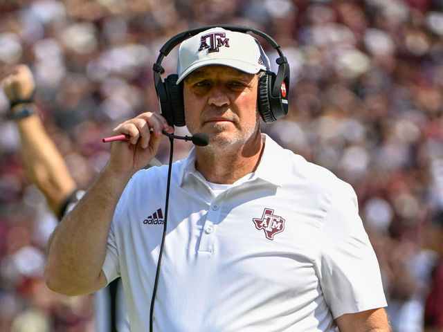 COLLEGE STATION, TX - SEPTEMBER 10: Texas A&M Aggies head coach Jimbo Fisher walks the sideline during first half action during the football game between the Appalachian State Mountaineers and Texas A&M Aggies at Kyle Field on September 10, 2022 in College Station, Texas.