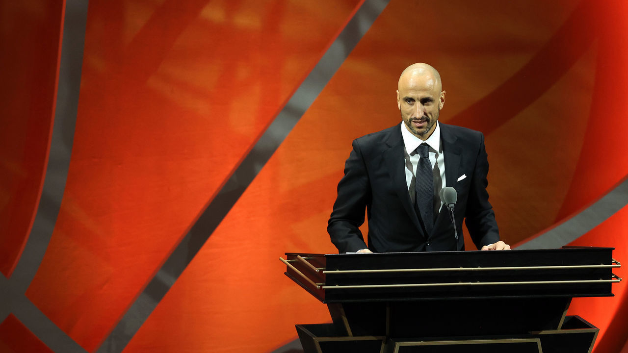 SPRINGFIELD, MASSACHUSETTS - SEPTEMBER 10: Naismith Memorial Basketball Hall of Fame Class of 2022 enshrinee Manu Ginobili speaks during the 2022 Basketball Hall of Fame Enshrinement Ceremony at Symphony Hall on September 10, 2022 in Springfield, Massachusetts.