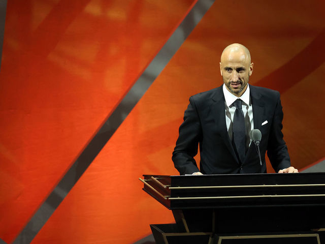 SPRINGFIELD, MASSACHUSETTS - SEPTEMBER 10: Naismith Memorial Basketball Hall of Fame Class of 2022 enshrinee Manu Ginobili speaks during the 2022 Basketball Hall of Fame Enshrinement Ceremony at Symphony Hall on September 10, 2022 in Springfield, Massachusetts.