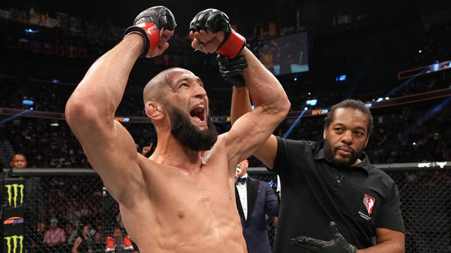 LAS VEGAS, NEVADA - SEPTEMBER 10: Khamzat Chimaev of Russia reacts after his submission victory over Kevin Holland in a 180-pound catchweight fight during the UFC 279 event at T-Mobile Arena on September 10, 2022 in Las Vegas, Nevada.
