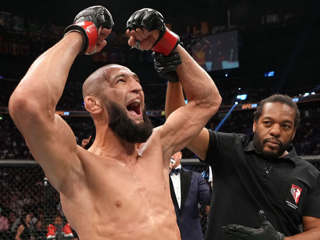 LAS VEGAS, NEVADA - SEPTEMBER 10: Khamzat Chimaev of Russia reacts after his submission victory over Kevin Holland in a 180-pound catchweight fight during the UFC 279 event at T-Mobile Arena on September 10, 2022 in Las Vegas, Nevada.