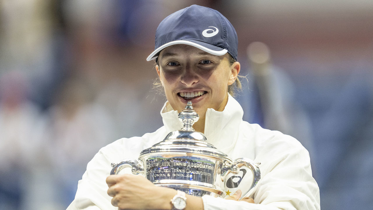 NEW YORK, USA - SEPTEMBER 10:Iga Swiatek of Poland pose with the trophy after victory in final of US Open Championships against Ons Jabeur of Tunisia at USTA Billie Jean King National Tennis Center in New York on September 10, 2022. Swiatek won in straight sets. It was her second Grand Slam victory in this year and first ever for Polish woman.