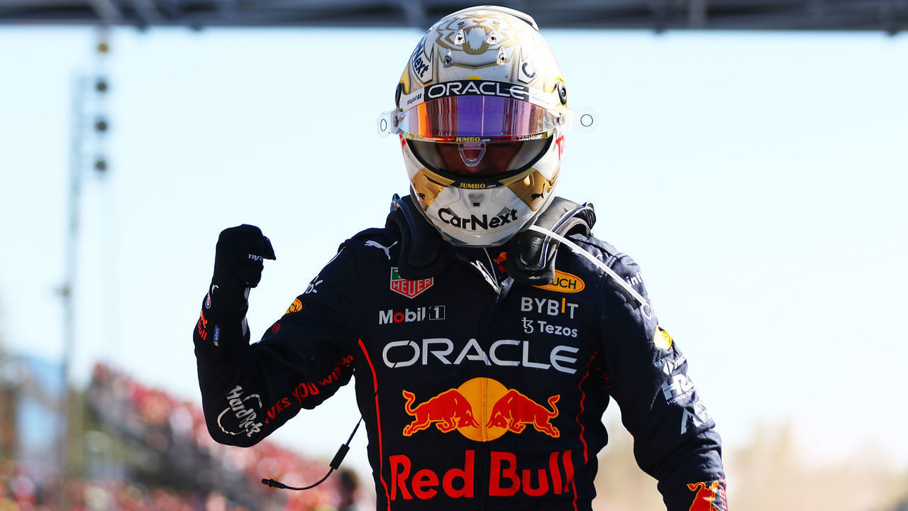 MONZA, ITALY - SEPTEMBER 11: Race winner Max Verstappen of the Netherlands and Oracle Red Bull Racing celebrates in parc ferme during the F1 Grand Prix of Italy at Autodromo Nazionale Monza on September 11, 2022 in Monza, Italy.