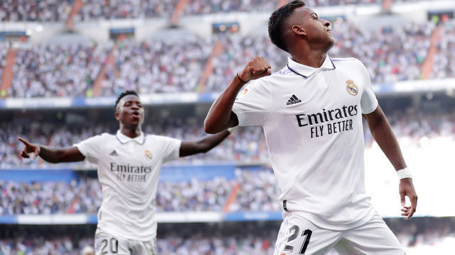 MADRID, SPAIN - SEPTEMBER 11: Rodrygo of Real Madrid celebrates 3-1 during the La Liga Santander match between Real Madrid v Real Mallorca at the Estadio Santiago Bernabeu on September 11, 2022 in Madrid Spain