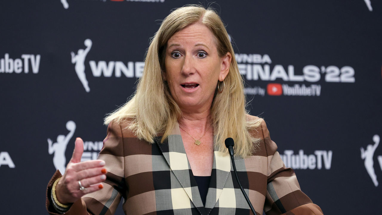 LAS VEGAS, NEVADA - SEPTEMBER 11: WNBA Commissioner Cathy Engelbert takes a question during a news conference before Game One of the 2022 WNBA Playoffs finals between the Connecticut Sun and the Las Vegas Aces at Michelob ULTRA Arena on September 11, 2022 in Las Vegas, Nevada.