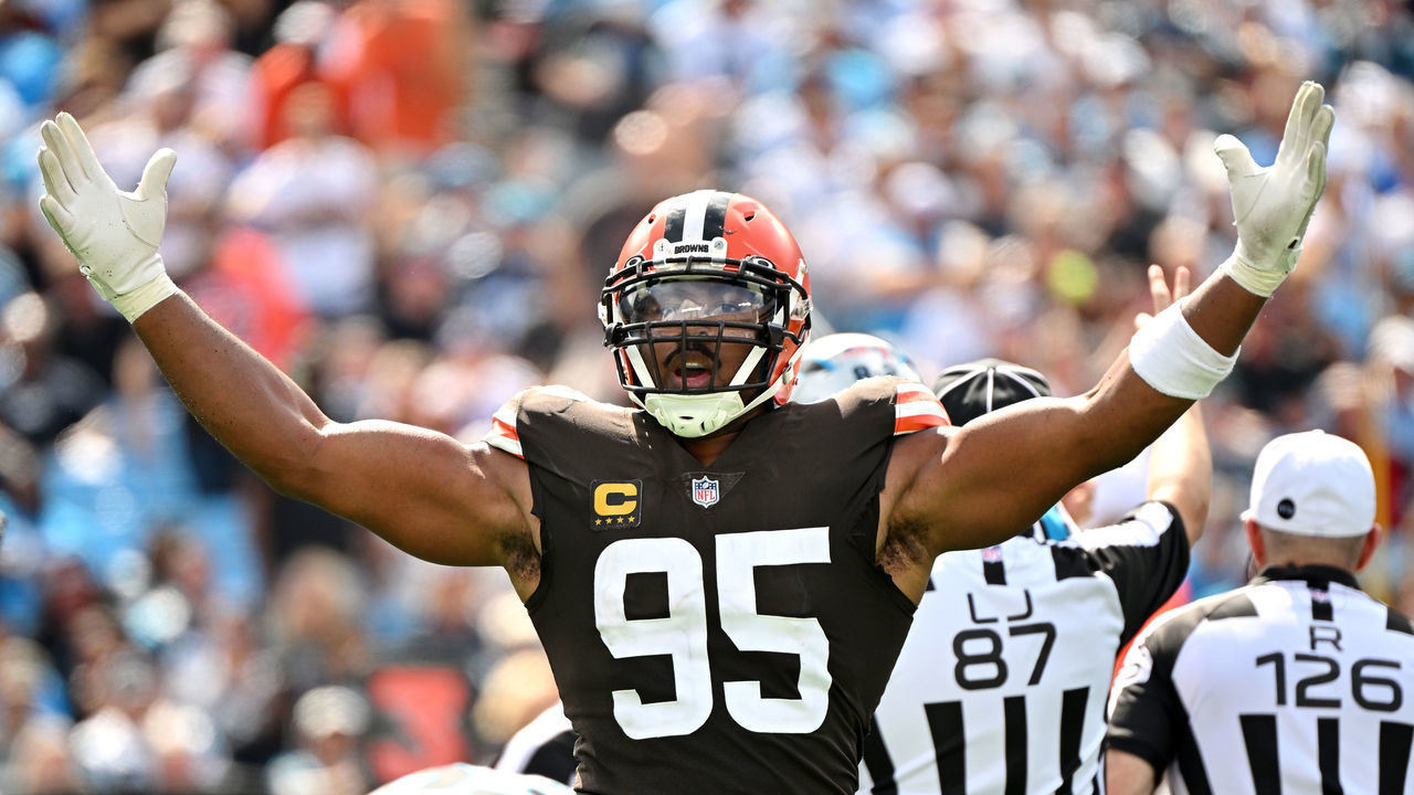 CHARLOTTE, NORTH CAROLINA - SEPTEMBER 11: Myles Garrett #95 of the Cleveland Browns reacts after sacking Baker Mayfield #6 of the Carolina Panthers (not pictured) during the third quarter at Bank of America Stadium on September 11, 2022 in Charlotte, North Carolina.